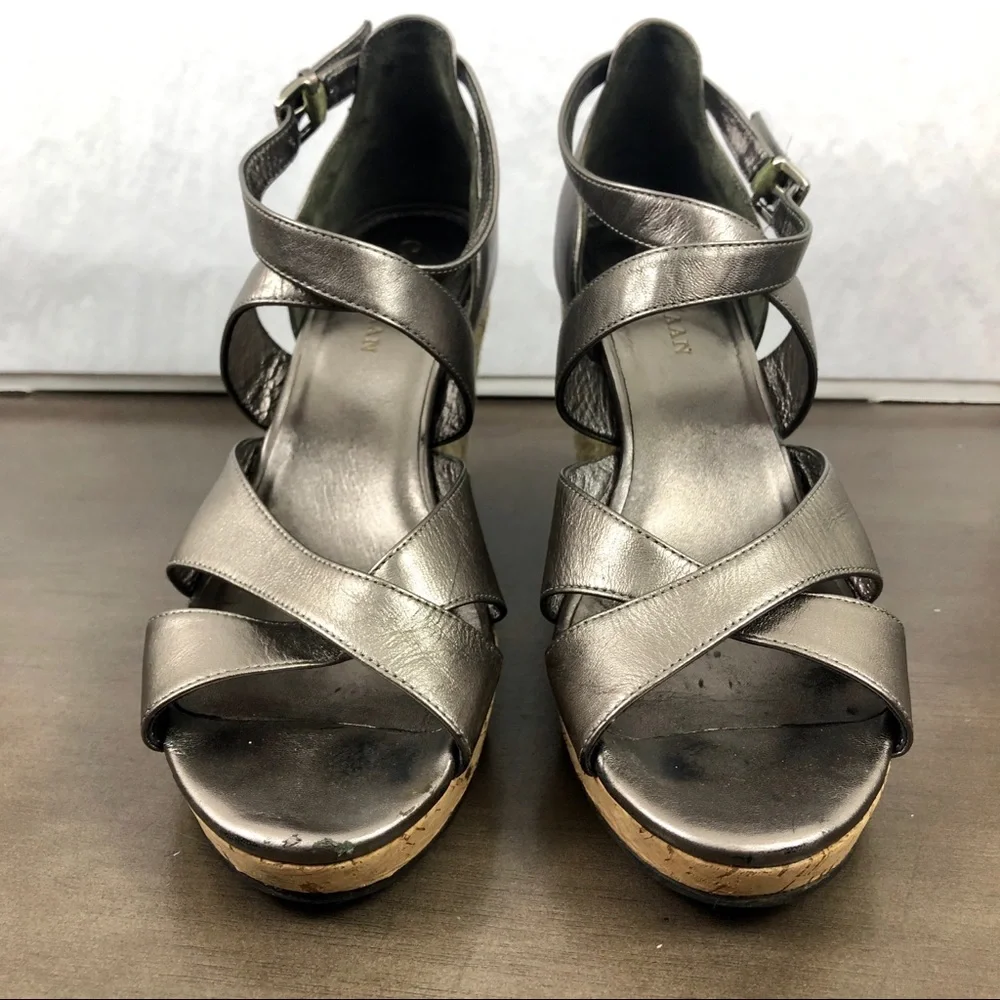 Cole Haan Metallic Pewter Leather Espadrille Wedge Sandals